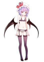 Rule 34 | 1girl, bat wings, black bra, black panties, blush, bra, cameltoe, fang, flat chest, full body, garter belt, garter straps, hat, hat ribbon, light purple hair, lingerie, looking at viewer, lowleg, mary janes, mob cap, navel, panties, pointy ears, pokan (xz1128), red eyes, remilia scarlet, ribbon, shoes, short hair, simple background, solo, standing, stomach, thighhighs, thong, touhou, underwear, underwear only, white background, wings