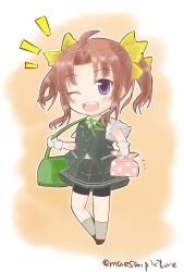 Rule 34 | 10s, 1girl, ;d, ahoge, bag, bike shorts, bike shorts under skirt, blush, brown footwear, brown hair, buttons, collared shirt, duffel bag, gloves, hair ornament, hair ribbon, happy, highres, holding, kagerou (kancolle), kantai collection, kneehighs, long hair, mae (maesanpicture), one eye closed, open mouth, pleated skirt, purple eyes, ribbon, school uniform, serafuku, shirt, shoes, short sleeves, shorts, shorts under skirt, skirt, smile, socks, solo, teeth, twintails, twitter username, uniform, white gloves