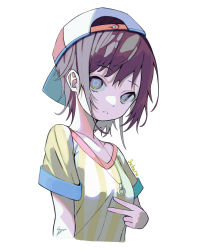 Rule 34 | 1girl, absurdres, backwards hat, blue eyes, brown hair, closed mouth, collarbone, grey background, hat, highres, hololive, jewelry, multicolored eyes, necklace, oozora subaru, ring, ring necklace, short hair, signature, simple background, solo, syu45, upper body, v, virtual youtuber, yellow eyes