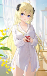 Rule 34 | 1girl, ahoge, animal ears, blonde hair, breasts, cleavage, collar, collarbone, cup, curtains, dress shirt, fuumi (radial engine), highres, holding, holding cup, hololive, horns, indoors, long hair, long sleeves, looking at viewer, no panties, open mouth, purple eyes, sheep ears, sheep girl, sheep horns, shirt, sidelocks, smile, solo, standing, tsunomaki watame, virtual youtuber, white collar, window