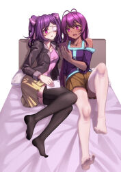 Rule 34 | 2girls, artist name, bare shoulders, bed sheet, black jacket, black thighhighs, blush, bow, breasts, brown shorts, character request, clothing cutout, collarbone, commission, copyright request, dark-skinned female, dark skin, dorsiflexion, eyepatch, feet, full body, hair bow, hand up, holding, jacket, knee up, legs, long hair, long sleeves, medical eyepatch, medium breasts, multiple girls, no shoes, on bed, one eye covered, open mouth, parted bangs, pillow, pink shirt, purple bow, purple eyes, purple hair, purple shirt, shirt, short shorts, shorts, shoulder cutout, sitting, skirt, soles, thighhighs, thighs, toes, twintails, white background, white thighhighs, yamauchi (conan-comy), yellow skirt