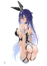 Rule 34 | 1girl, absurdres, aogiri koukou, ass grab, bare shoulders, black choker, black leotard, blue hair, blush, braid, braided hair rings, breasts, choker, closed mouth, etra (icetea), from behind, garter straps, grabbing own ass, hair between eyes, highleg, highleg leotard, highres, kkix25, large breasts, leotard, long hair, looking at viewer, looking back, playboy bunny, ring light reflection, sideboob, simple background, solo, strapless, strapless leotard, thighhighs, virtual youtuber, white background, white thighhighs, yellow eyes