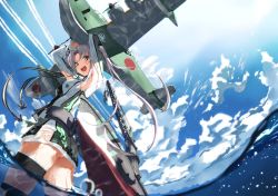 Rule 34 | 10s, 1girl, ahoge, akitsushima (kancolle), armpits, arms up, ass, cloud, day, from below, gradient background, grey eyes, kantai collection, looking at viewer, miniskirt, nishikitaitei-chan, open mouth, silver hair, skirt, sky, smile, solo, thighhighs, tsuuhan, twintails, wet, wet clothes