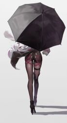 1girl absurdres black_pantyhose black_shorts boots hidulume high_heels highres holding holding_umbrella honkai:_star_rail honkai_(series) kafka_(honkai:_star_rail) pantyhose shorts thigh_boots umbrella white_background