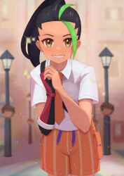 Rule 34 | 1girl, absurdres, black hair, blurry, blurry background, blush, brown eyes, collared shirt, commentary request, creatures (company), day, eyelashes, game freak, gloves, green hair, grin, hands up, highres, lamppost, leaning forward, looking at viewer, multicolored hair, necktie, nemona (pokemon), nintendo, orange necktie, orange shorts, outdoors, own hands together, pokemon, pokemon sv, red gloves, shirt, shorts, single glove, smile, solo, standing, teeth, toriumineko, two-tone hair, white shirt
