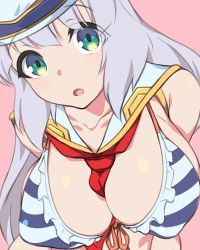 Rule 34 | 1girl, :o, aqua eyes, between breasts, bikini, breasts, collarbone, frilled bikini, frilled bikini top, frills, front-tie bikini top, front-tie top, gundam, gundam exa, kuro mushi, large breasts, leaning to the side, long hair, looking at viewer, neckerchief, pink background, red neckerchief, sailor collar, silver hair, solo, sthesia awar, striped bikini, striped clothes, swimsuit, upper body, very long hair, white sailor collar