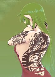 Rule 34 | 1girl, alternate costume, alternate hairstyle, back, back tattoo, backless outfit, bare shoulders, breasts, commentary, dragon tattoo, dress, ear piercing, english commentary, eyelashes, fire emblem, fire emblem awakening, from behind, green background, green hair, highres, long hair, medium breasts, nail polish, nintendo, patreon username, piercing, pointy ears, red dress, red nails, sideboob, signature, simple background, solo, tattoo, tiki (adult) (fire emblem), tiki (fire emblem), vialnite, watermark