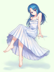 Rule 34 | 1girl, absurdres, alice gear aegis, aomoro, bad id, bad pixiv id, bare shoulders, barefoot, blue bow, blue hair, bow, dress, feet, full body, green background, highres, crossed legs, long dress, long hair, looking at viewer, ponytail, purple eyes, sandals, simple background, skirt, sleeveless, sleeveless dress, sundress, takanashi rei, toes, white dress, white skirt