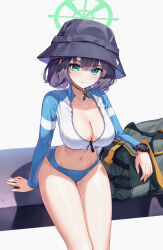 Rule 34 | 1girl, absurdres, arm support, bag, bikini, black hair, black hat, blue archive, blue bikini, breasts, cleavage, closed mouth, collarbone, commentary, green eyes, green halo, grey background, halo, hat, highres, large breasts, looking at viewer, navel, official alternate costume, saki (blue archive), saki (swimsuit) (blue archive), sgholln, short hair, simple background, sitting, smile, solo, swimsuit, thighs, watch