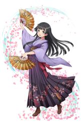Rule 34 | 1girl, :d, arisugawa kaoru, arm up, black eyes, black hair, boots, brown footwear, cross-laced footwear, dual wielding, floral print, full body, hakama, hakama skirt, hand fan, highres, holding, japanese clothes, kimono, lace-up boots, long hair, looking at viewer, official art, open mouth, paper fan, petals, princess principal, princess principal game of mission, shoes, skirt, smile, standing, transparent background, wide sleeves