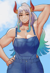 Rule 34 | 1girl, alternate costume, artist name, bare shoulders, blue sky, breasts, cloud, cloudy sky, commentary, earrings, english commentary, gradient hair, gradient horns, gud0c, highres, horns, jewelry, large breasts, long hair, looking at viewer, multicolored hair, multicolored horns, muscular, muscular female, naked overalls, no bra, one piece, orange eyes, overalls, sidelocks, sky, smile, white hair, yamato (one piece)