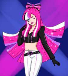 Rule 34 | 1girl, absurdly long hair, artist name, belt, bow, cat, commentary, cookie run, crop top, earrings, english commentary, highres, humanization, jewelry, long hair, long sleeves, looking at viewer, pants, pink hair, shining glitter cookie, solo, spotlight, user gazp7552, very long hair, white pants
