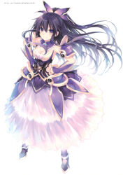 Rule 34 | 1girl, absurdres, armor, armored dress, artist name, blush, breasts, cleavage, closed mouth, copyright name, date a live, detached collar, dress, full body, gold trim, gradient clothes, hair ornament, hands on own hips, highres, long hair, looking at viewer, medium breasts, official art, ponytail, purple eyes, purple hair, ribbon, scan, shoulder armor, simple background, skirt, smile, solo, tsunako, white background, yatogami tooka