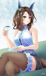 Rule 34 | 1girl, animal ears, bare arms, bare shoulders, black skirt, blush, bow, breasts, brown eyes, brown hair, brown thighhighs, center frills, commentary request, crossed legs, cup, feet out of frame, frilled thighhighs, frills, green bow, hair between eyes, hair bow, holding, holding cup, holding saucer, horse ears, horse girl, horse tail, king halo (umamusume), medium breasts, one side up, parted bangs, parted lips, saucer, shirt, signature, sitting, skirt, sleeveless, sleeveless shirt, solo, tail, teacup, thighhighs, umamusume, white shirt, yumibakama meme