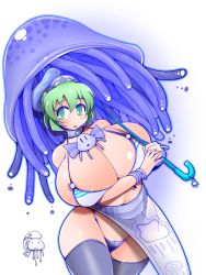 Rule 34 | 1girl, amano taiki, bikini, black thighhighs, breasts, choker, female focus, gigantic breasts, green eyes, green hair, groin, hat, highres, hip focus, jellyfish, sarong, short hair, simple background, standing, swimsuit, thighhighs, thighs, umbrella, wide hips
