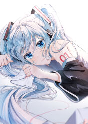 1girl absurdres arm_tattoo black_sleeves blue_eyes blue_hair closed_mouth commentary detached_sleeves envelope hatsune_miku headphones heart highres long_hair long_sleeves looking_at_viewer mahiru_yura number_tattoo shirt sleeveless sleeveless_shirt solo tattoo tears twintails very_long_hair vocaloid white_shirt