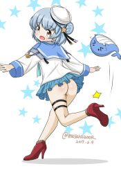 Rule 34 | 1girl, 1other, aqua neckwear, aqua skirt, ass, ass focus, black ribbon, blue hair, blue sailor collar, brown eyes, commentary request, dated, dixie cup hat, double bun, hat, hat ribbon, high heels, kantai collection, long sleeves, masara (chuujou), military hat, miniskirt, navy cross, neckerchief, no panties, one-hour drawing challenge, pleated skirt, red footwear, ribbon, sailor collar, samuel b. roberts (kancolle), school uniform, serafuku, shirt, short hair, skirt, sleeve cuffs, star (symbol), starry background, twitter username, whale, white background, white headwear, white shirt