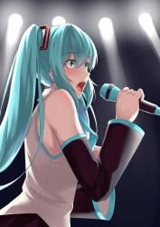 Rule 34 | 1girl, absurdres, black sleeves, blue eyes, blue hair, blush, detached sleeves, from side, hair between eyes, hatsune miku, highres, holding, holding microphone, long hair, long sleeves, microphone, music, open mouth, rebutsu, shirt, singing, sleeveless, sleeveless shirt, solo, spotlight, twintails, upper body, very long hair, vocaloid, white shirt
