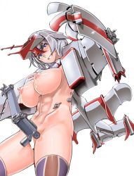 Rule 34 | 1girl, abs, aircraft, airplane, bad id, bad twitter id, blue eyes, breasts, commentary request, from below, hair between eyes, lactation, large breasts, mecha musume, multicolored hair, navel, nipples, open mouth, personification, red hair, saizu nitou gunsou, silver hair, sky whale, smile, solo, thighhighs, two-tone hair, ultra series, ultraman tarou (series)