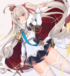 Rule 34 | 1girl, ahoge, azur lane, black thighhighs, blouse, blush, cape, cowboy shot, crown, dutch angle, fang, fur-trimmed cape, fur trim, grey background, grey thighhighs, hair between eyes, long hair, long sleeves, looking at viewer, red eyes, ringlets, shirt, simple background, solo, sword, symbol-only commentary, thighhighs, twintails, valiant (azur lane), very long hair, weapon, white shirt, yuko (uc yuk), zettai ryouiki