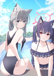 Rule 34 | 2girls, animal ear fluff, animal ears, ass, bare arms, bare shoulders, beach, bikini, black bikini, black hair, blue archive, blue eyes, blush, breasts, cat ears, cloud, collarbone, cross hair ornament, crossed bangs, day, divergenceok, earrings, extra ears, frilled bikini, frills, frown, grey hair, hair between eyes, hair ornament, hair ribbon, halo, hand under clothes, hand under swimsuit, highres, jewelry, long hair, looking at viewer, looking back, medium hair, mismatched pupils, multicolored clothes, multicolored swimsuit, multiple girls, navel, official alternate costume, one-piece swimsuit, open mouth, outdoors, piercing, ponytail, red eyes, ribbon, serika (blue archive), serika (swimsuit) (blue archive), shiroko (blue archive), shiroko (swimsuit) (blue archive), sidelocks, sitting, sky, small breasts, stomach, swimsuit, twintails, water, wolf ears