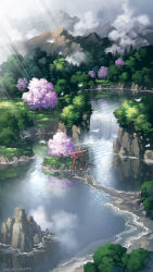 Rule 34 | cherry blossoms, cloud, dated, day, fujita (fujita951753), lake, landscape, mountain, nature, no humans, original, outdoors, scenery, torii, tree, water, waterfall