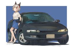 Rule 34 | 1girl, animal ears, balladeluce, blue skirt, bow, car, character name, commentary request, curren chan (umamusume), ear covers, full body, grey hair, hair bow, highres, horse ears, horse girl, horse tail, looking at viewer, motor vehicle, name connection, object namesake, purple eyes, red bow, shirt, shoes, short hair, short sleeves, skirt, solo, sports car, tail, toyota, toyota curren, umamusume, vehicle focus, vehicle name, white footwear, white shirt