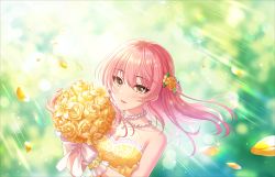 Rule 34 | 1girl, bare shoulders, blush, bouquet, breasts, bride, brown eyes, cleavage, collarbone, day, dress, earrings, flower, hair between eyes, hair flower, hair ornament, holding, holding bouquet, idolmaster, idolmaster cinderella girls, idolmaster cinderella girls starlight stage, jewelry, jougasaki mika, lace, lace-trimmed dress, lace trim, lips, long hair, looking at viewer, medium breasts, nail polish, necklace, official art, outdoors, parted lips, pearl earrings, pearl necklace, petals, pink hair, rose, sleeveless, sleeveless dress, smile, solo, strapless, strapless dress, upper body, wrist cuffs, yellow dress, yellow flower, yellow nails, yellow rose
