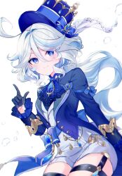 Rule 34 | 1girl, ahoge, ascot, black gloves, blue ascot, blue brooch, blue eyes, blue hair, blue hat, blue jacket, bubble, closed mouth, cowboy shot, furina (genshin impact), genshin impact, gloves, hair between eyes, hat, heterochromia, highres, jacket, long hair, miyakoto, multicolored hair, shorts, sidelocks, simple background, smile, solo, streaked hair, top hat, two-tone hair, white background, white shorts