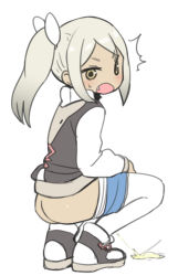 Rule 34 | 1girl, ass, bad id, bad tumblr id, blush, brown eyes, character request, dark-skinned female, dark skin, fang, female focus, flat color, full body, grey hair, jacket, long hair, looking at viewer, open mouth, pee, peeing, ponytail, shorts, simple background, solo, squatting, sumiyao (amam), sweatdrop, thighhighs, white background, white thighhighs