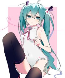 Rule 34 | 1girl, ahoge, aqua eyes, aqua hair, bare shoulders, black thighhighs, border, closed mouth, commentary request, covered navel, eyes visible through hair, frown, hatsune miku, heart, highres, holding, holding ribbon, long hair, looking at viewer, outside border, pink background, pink ribbon, ribbon, simple background, sitting, solo, thighhighs, twintails, tyazakura sayu, very long hair, vocaloid, white border