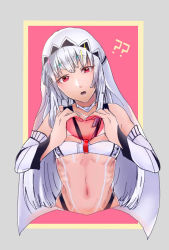Rule 34 | 1girl, ?, altera (fate), bare shoulders, breasts, choker, dark skin, detached sleeves, fate/extella, fate/grand order, fate (series), heart, long hair, navel, open mouth, red eyes, silver hair, veil