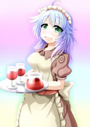 Rule 34 | 1girl, ahoge, apron, blue hair, blush, bow, breasts, brown dress, collared dress, commentary request, cowboy shot, cup, dress, drinking glass, eyes visible through hair, frilled apron, frills, gradient background, green eyes, hair between eyes, highres, holding, holding tray, kafra uniform, looking at viewer, maid, maid apron, maid headdress, medium breasts, medium hair, nose blush, open mouth, pavianne (ragnarok online), pitcher (container), puffy short sleeves, puffy sleeves, ragnarok online, rainbow background, red sash, sash, short sleeves, solo, standing, sudou noboru, tray, white apron, white bow, wine glass
