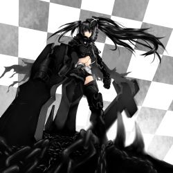 Rule 34 | 10s, 1girl, armor, belt, black hair, black rock shooter, boots, chain, cross, gauntlets, greaves, highres, huge weapon, insane black rock shooter, long hair, maaron, maron, midriff, pale skin, purple eyes, scar, shorts, solo, stitches, thigh boots, thighhighs, twintails, weapon