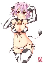 Rule 34 | 1girl, alternate costume, animal ears, animal print, artist logo, bell, bikini, breasts, brown eyes, commentary request, cow ears, cow horns, cow print, cow print bikini, cow tail, cowbell, cowboy shot, dated, elbow gloves, fake animal ears, fake horns, gloves, groin, hair intakes, highres, horns, kanon (kurogane knights), kantai collection, looking at viewer, lowleg, lowleg bikini, medium breasts, one-hour drawing challenge, paw pose, pink hair, print bikini, short hair, side-tie bikini bottom, simple background, solo, swimsuit, tail, tama (kancolle), thighhighs, white background, white bikini, white gloves, white thighhighs