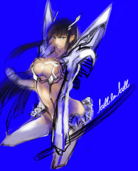 Rule 34 | 10s, 1girl, areno, black hair, blue background, blue eyes, breasts, cleavage, cleavage cutout, clothing cutout, copyright name, cropped legs, female focus, hair ornament, hairclip, junketsu, kill la kill, kiryuuin satsuki, long hair, looking at viewer, revealing clothes, sketch, solo, suspenders, sword, thighhighs, weapon