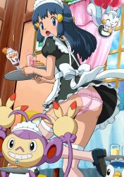 Rule 34 | 1girl, alternate costume, ambipom, apron, ass, balloon, blue eyes, blue hair, clothed pokemon, clothes lift, cosplay, cream, creatures (company), curtains, dawn (pokemon), drinking straw, enmaided, food, frilled apron, frilled skirt, frills, from behind, from below, game freak, gen 4 pokemon, glass, hair ornament, headdress, ice cream, indoors, leg lift, long hair, looking at viewer, looking back, maid, maid apron, maid headdress, mary janes, nintendo, open mouth, pachirisu, pancake, panties, pantyshot, parfait, pink panties, piplup, pocky, pokemoa, pokemon, pokemon (anime), puffy sleeves, shoe soles, shoes, skirt, skirt lift, standing, standing on one leg, thighhighs, thighs, tray, underwear, upskirt, waitress, window