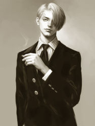 Rule 34 | 1boy, cigarette, facial hair, formal, goatee, hair over one eye, highres, joy (aka0319), male focus, manly, monochrome, necktie, one piece, photorealistic, realistic, sanji (one piece), sepia, shirt, short hair, smoke, smoking, solo, striped clothes, striped shirt, suit