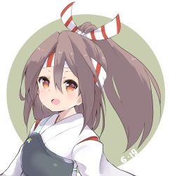 Rule 34 | 1girl, :d, amano kouki, blush, brown hair, commentary request, dated, green background, hair between eyes, hair ribbon, high ponytail, highres, japanese clothes, kantai collection, kimono, long hair, looking at viewer, muneate, open mouth, ponytail, red eyes, ribbon, smile, solo, two-tone background, upper body, white background, white kimono, zuihou (kancolle)