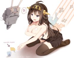 Rule 34 | 10s, 1girl, ahoge, anger vein, arrow (symbol), black thighhighs, blood, blush, breasts, brown hair, covering privates, covering breasts, english text, fang, folder, hairband, headgear, hews, kantai collection, kneeling, kongou (kancolle), large breasts, long hair, miniskirt, nosebleed, open mouth, paw print, personification, pleated skirt, purple eyes, rensouhou-chan, skirt, solo, spoken anger vein, thighhighs, topless, torn clothes, zettai ryouiki