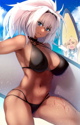 Rule 34 | 2girls, animal ears, bare shoulders, bikini, black bikini, blonde hair, blue eyes, blue sky, blush, body markings, breasts, caenis (fate), caenis (swimsuit rider) (fate), caenis (swimsuit rider) (first ascension) (fate), cleavage, closed eyes, collarbone, fate/grand order, fate (series), hairband, high ponytail, highres, holding, holding surfboard, kuronyan, large breasts, long hair, looking at viewer, mordred (fate), mordred (fate) (all), mordred (swimsuit rider) (fate), mordred (swimsuit rider) (second ascension) (fate), multiple girls, navel, open mouth, ponytail, prydwen (fate), sky, smile, surfboard, swimsuit, thighs, wet, white hair