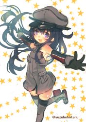 Rule 34 | 10s, 1girl, :d, akatsuki (kancolle), anchor, armpits, arms up, bare shoulders, bismarck (kancolle), bismarck (kancolle) (cosplay), black hair, black thighhighs, blush, boots, cosplay, cross, detached sleeves, floating hair, gloves, hat, iron cross, kantai collection, long hair, looking at viewer, military, military hat, military uniform, open mouth, outstretched arms, peaked cap, purple eyes, simple background, smile, solo, spread arms, star (symbol), starry background, suzuho hotaru, thighhighs, twitter username, uniform, zettai ryouiki