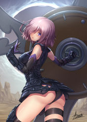 Rule 34 | 1girl, adsouto, armor, armored dress, bare shoulders, blush, breasts, cleavage, elbow gloves, fate/grand order, fate (series), gloves, hair over one eye, highres, holding, holding shield, holy grail (fate), large breasts, light purple hair, looking at viewer, mash kyrielight, medium breasts, purple eyes, purple hair, shield, short hair, solo, thighhighs