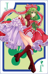Rule 34 | 1girl, amber (nickynike), bad id, bad pixiv id, boots, bow, card, card (medium), clothes lift, colored eyelashes, dress, dress lift, female focus, frills, front ponytail, gathers, green eyes, green hair, hair bow, highres, jack (playing card), jack of clubs (playing card), kagiyama hina, legs, matching hair/eyes, petticoat, playing card, ribbon, solo, touhou