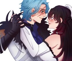 Rule 34 | 1boy, 1girl, bare shoulders, black gloves, black hair, blue hair, columbina (genshin impact), dottore (genshin impact), dress, from side, genshin impact, gloves, gwynwithnoe, highres, holding hands, jacket, looking at another, multicolored hair, off-shoulder dress, off shoulder, profile, red eyes, red hair, red lips, short hair, simple background, streaked hair, upper body, white background, white dress, white jacket