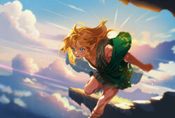 Rule 34 | 1boy, above clouds, archaic set (zelda), backlighting, blonde hair, blue eyes, blue sky, blurry, blurry background, blush, clenched hand, cloud, day, dutch angle, floating island, highres, jumping, leg up, light rays, link, long hair, male focus, midair, nintendo, open mouth, outdoors, pointy ears, sidelocks, sky, solo, suahh, sunlight, teeth, the legend of zelda, the legend of zelda: tears of the kingdom, thighs, toga, v-shaped eyebrows