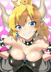 Rule 34 | 1girl, bare shoulders, black dress, blonde hair, blue eyes, blush, borrowed character, bowsette, bracelet, breasts, choker, collar, collarbone, commentary request, covered erect nipples, crown, dress, earrings, from above, grin, hair between eyes, hands on own hips, horns, jewelry, large breasts, looking at viewer, mario (series), new super mario bros. u deluxe, nintendo, pointy ears, ponytail, sharp teeth, shell, sleeveless, sleeveless dress, smile, solo, studded bracelet, studded collar, super crown, teeth, yuto (dialique)