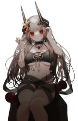 Rule 34 | 1girl, apple, arknights, bare arms, bare shoulders, bikini, black bikini, black ribbon, blush, breasts, brown hair, cleavage, collar, feet out of frame, flower, food, fruit, gradient hair, hair flower, hair ornament, hands up, highres, horns, infection monitor (arknights), jewelry, large breasts, long hair, looking at viewer, material growth, mudrock (arknights), mudrock (silent night) (arknights), multicolored hair, myumyutain, navel, necklace, official alternate costume, oripathy lesion (arknights), parted lips, red eyes, ribbon, silver hair, simple background, sitting, solo, stomach, swimsuit, thigh strap, underboob, very long hair, white background, yellow flower