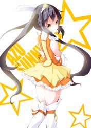 Rule 34 | 1girl, black hair, brown eyes, character name, cosplay, cure sunny, cure sunny (cosplay), dress, frills, from behind, head wing, head wings, k-on!, long hair, looking back, nakano azusa, orange skirt, orange theme, precure, skirt, smile, smile precure!, solo, star (symbol), suzumeko, thighhighs, tiara, twintails, wings