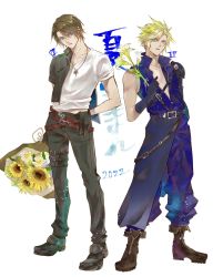 Rule 34 | 2boys, aqua eyes, arm behind back, armor, baggy pants, belt, black footwear, black gloves, black jacket, black pants, blonde hair, blue eyes, blue pants, blue shirt, boots, bouquet, brown footwear, brown hair, chain, chain necklace, chest strap, cloud strife, cropped jacket, earrings, eni (yoyogieni), final fantasy, final fantasy vii, final fantasy vii advent children, final fantasy viii, flower, full body, gloves, hair between eyes, hand on own hip, high collar, highres, holding, holding bouquet, holding flower, jacket, jacket partially removed, jewelry, long sleeves, looking at viewer, loose belt, male focus, multiple belts, multiple boys, necklace, open clothes, open shirt, pants, parted bangs, parted lips, scar, scar on face, shirt, short hair, short sleeves, shoulder armor, shoulder strap, single earring, sleeveless, sleeveless shirt, spiked hair, squall leonhart, standing, sunflower, t-shirt, thigh strap, waist cape, white background, white flower, white shirt, yellow flower